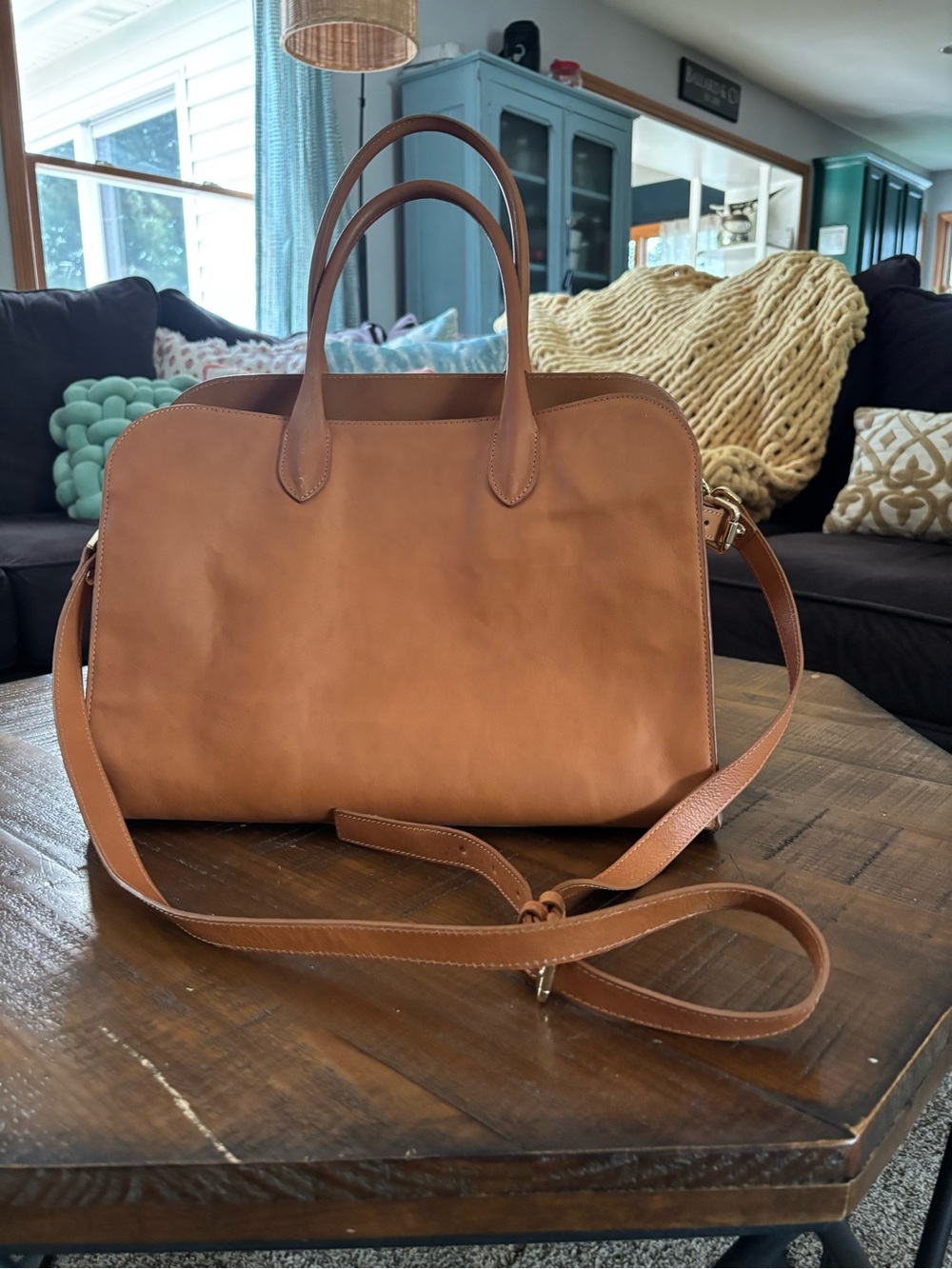 Structured Tan Leather Satchel with Adjustable Strap
